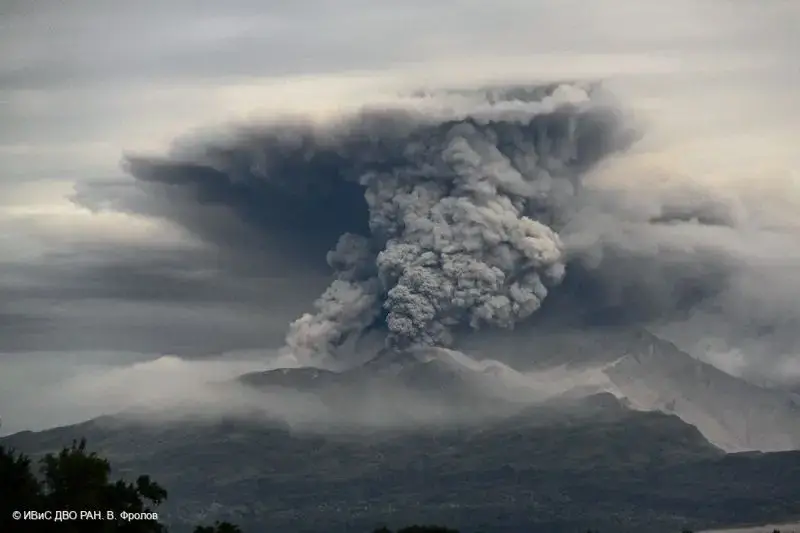 Ash from Shiveluch in Kamchatka stretches for tens of kilometers from the volcano