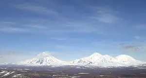 View of the Koryaksky, Avachinsky, and Kozelsky Volcanoes