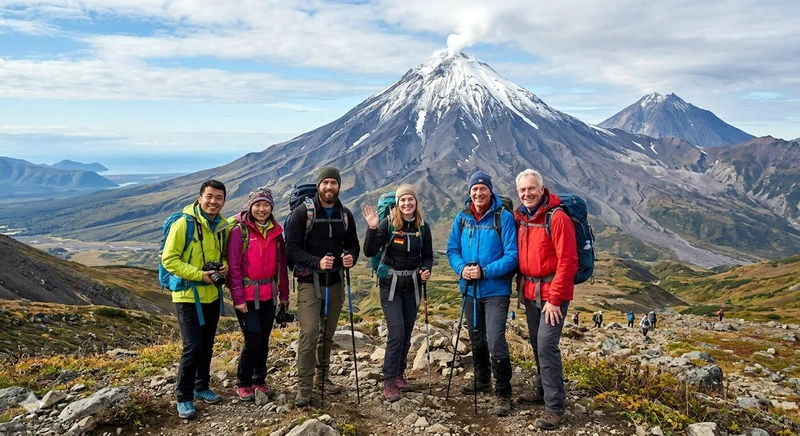 Foreign tourists are taking photos with the Koryaksky volcano in the background